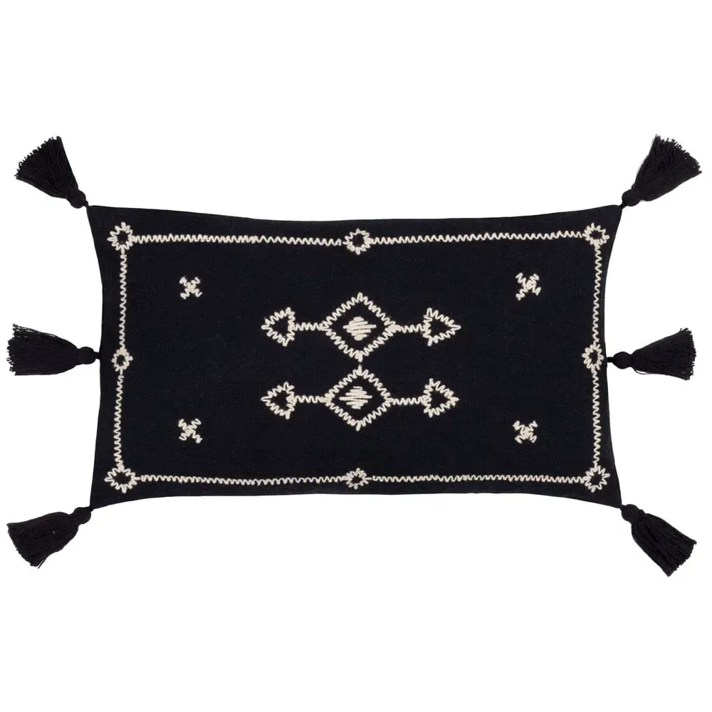 Folis Embroidered Cushion - Black, Cotton