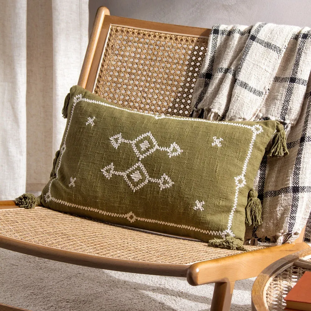 Folis Embroidered Cushion - Khaki, Cotton