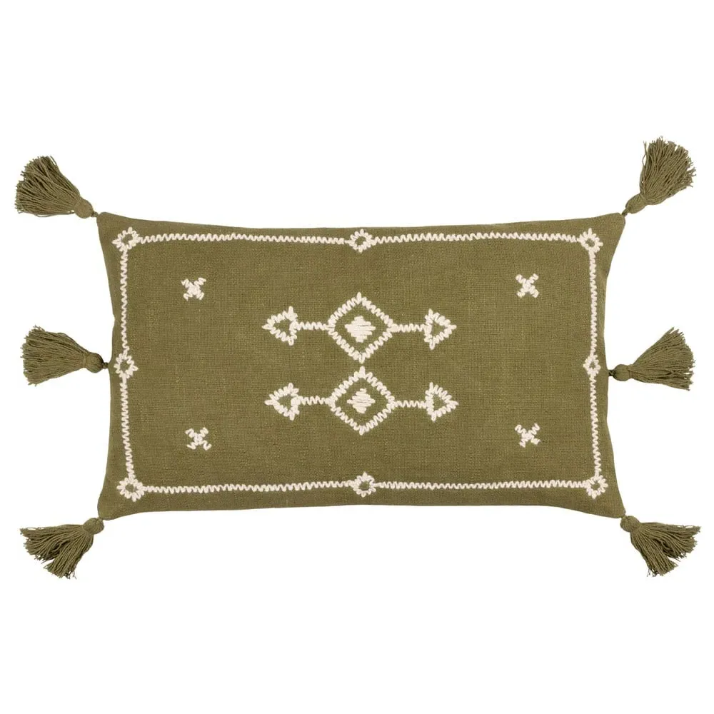 Folis Embroidered Cushion - Khaki, Cotton