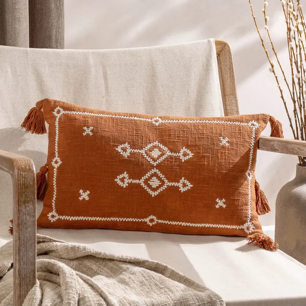 Folis Embroidered Cushion - Pecan, Cotton