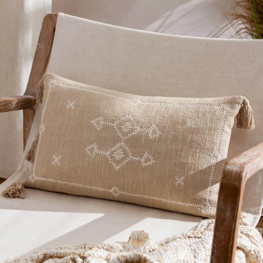Folis Embroidered Cushion - Stone, Cotton