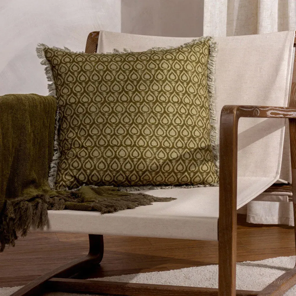 Georgi Fringed Cushion - Green, Cotton