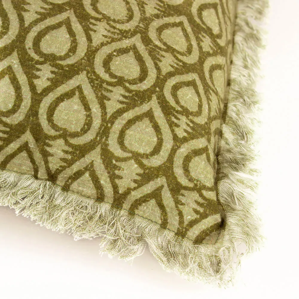 Georgi Fringed Cushion - Green, Cotton