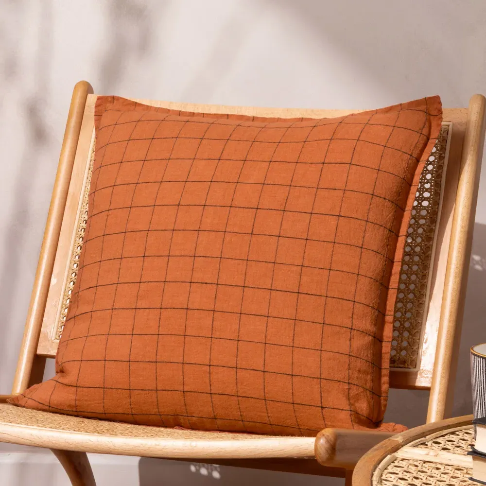 Grid Check Cushion - Brown, Linen
