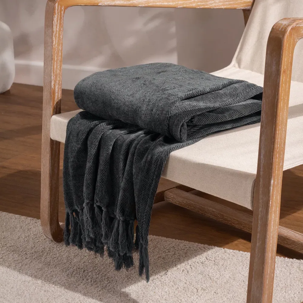 Harri Herringbone Fringed Throw - Dusk, Cotton