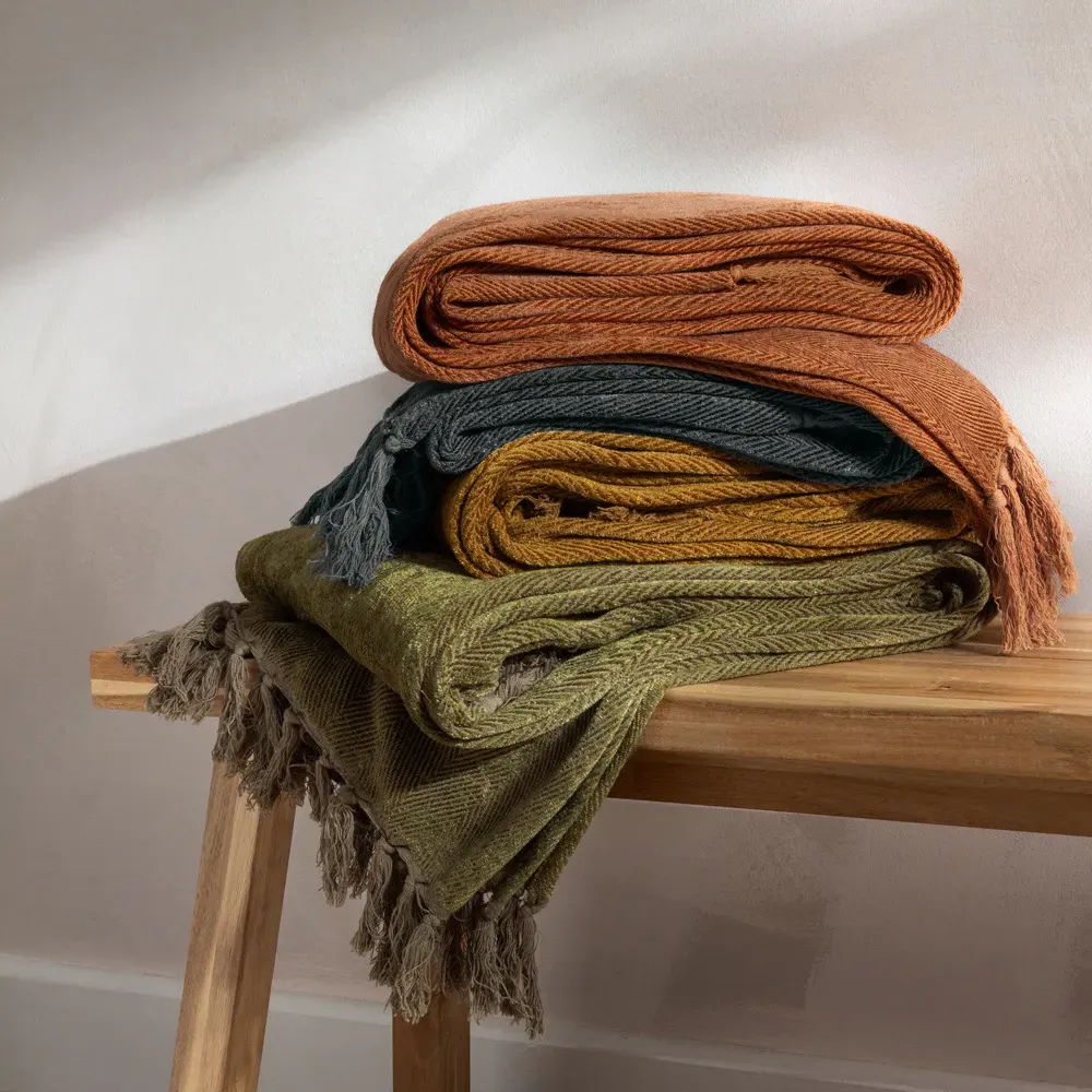 Harri Herringbone Fringed Throw - Dusk, Cotton