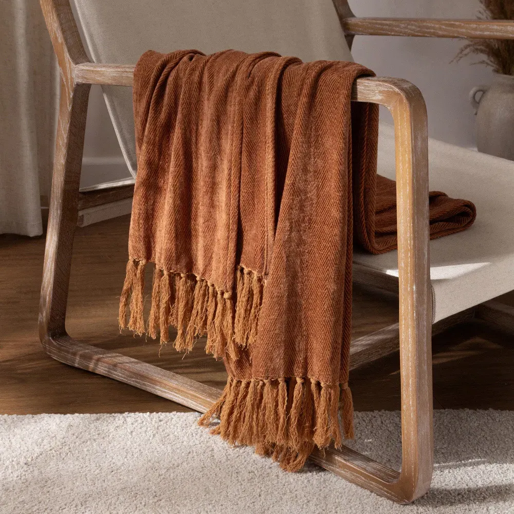 Harri Herringbone Fringed Throw - Ginger, Cotton