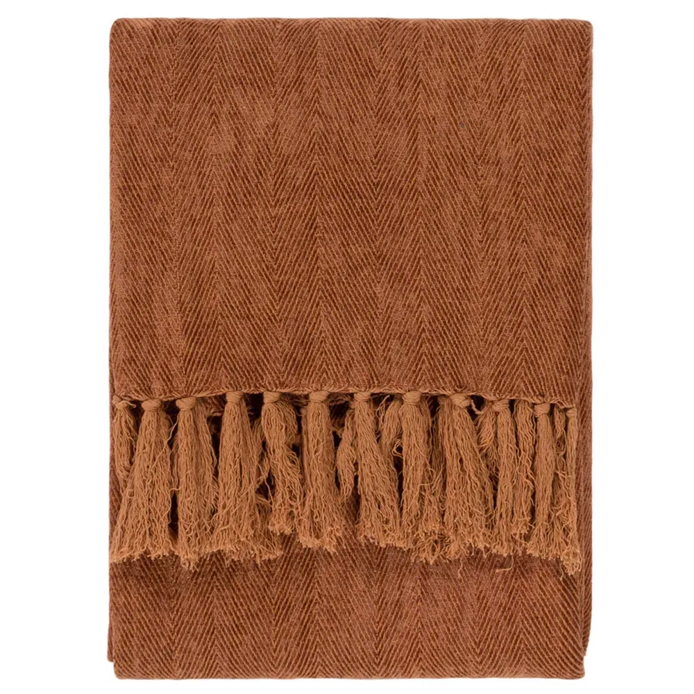 Harri Herringbone Fringed Throw - Ginger, Cotton