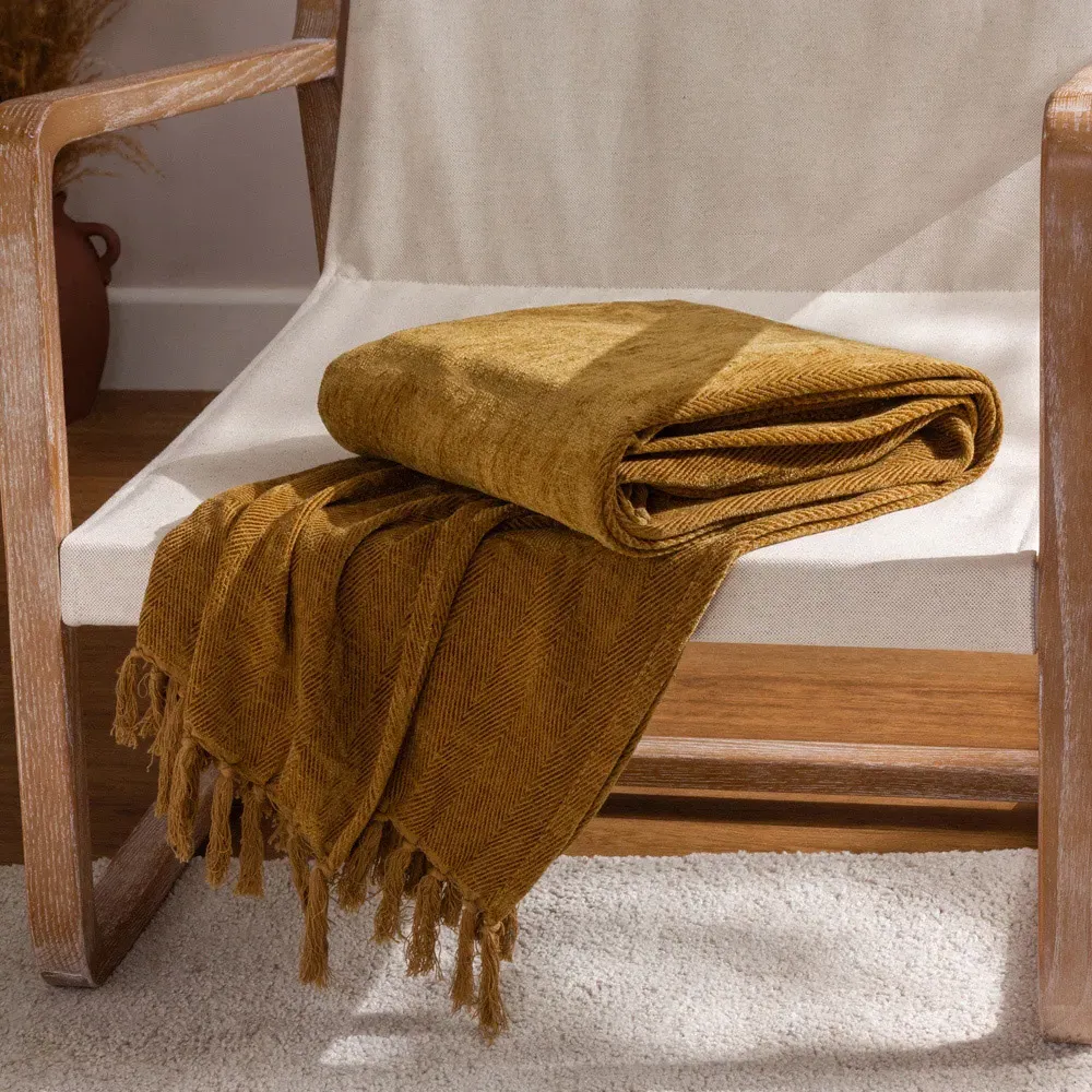 Harri Herringbone Fringed Throw - Honey, Cotton
