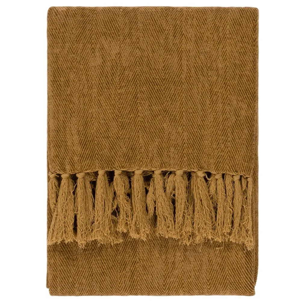 Harri Herringbone Fringed Throw - Honey, Cotton