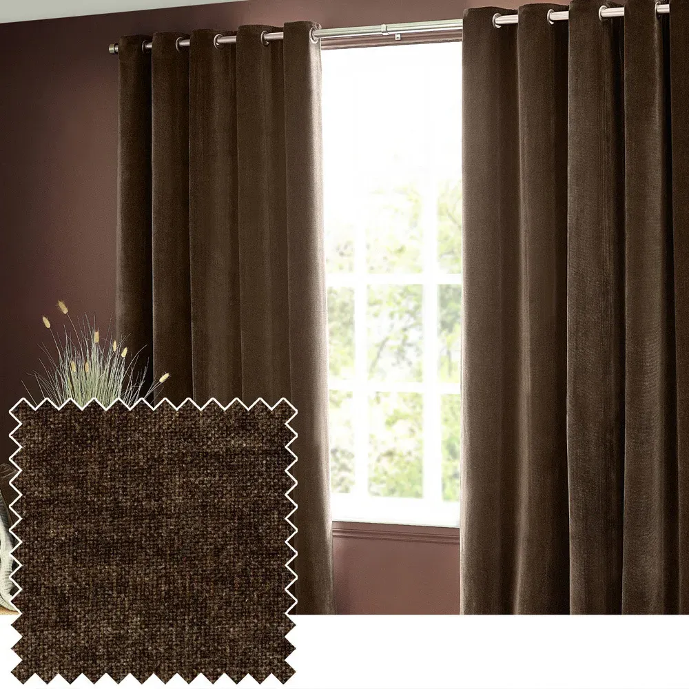 Heavy Chenille Velvet Eyelet Curtain - Brown