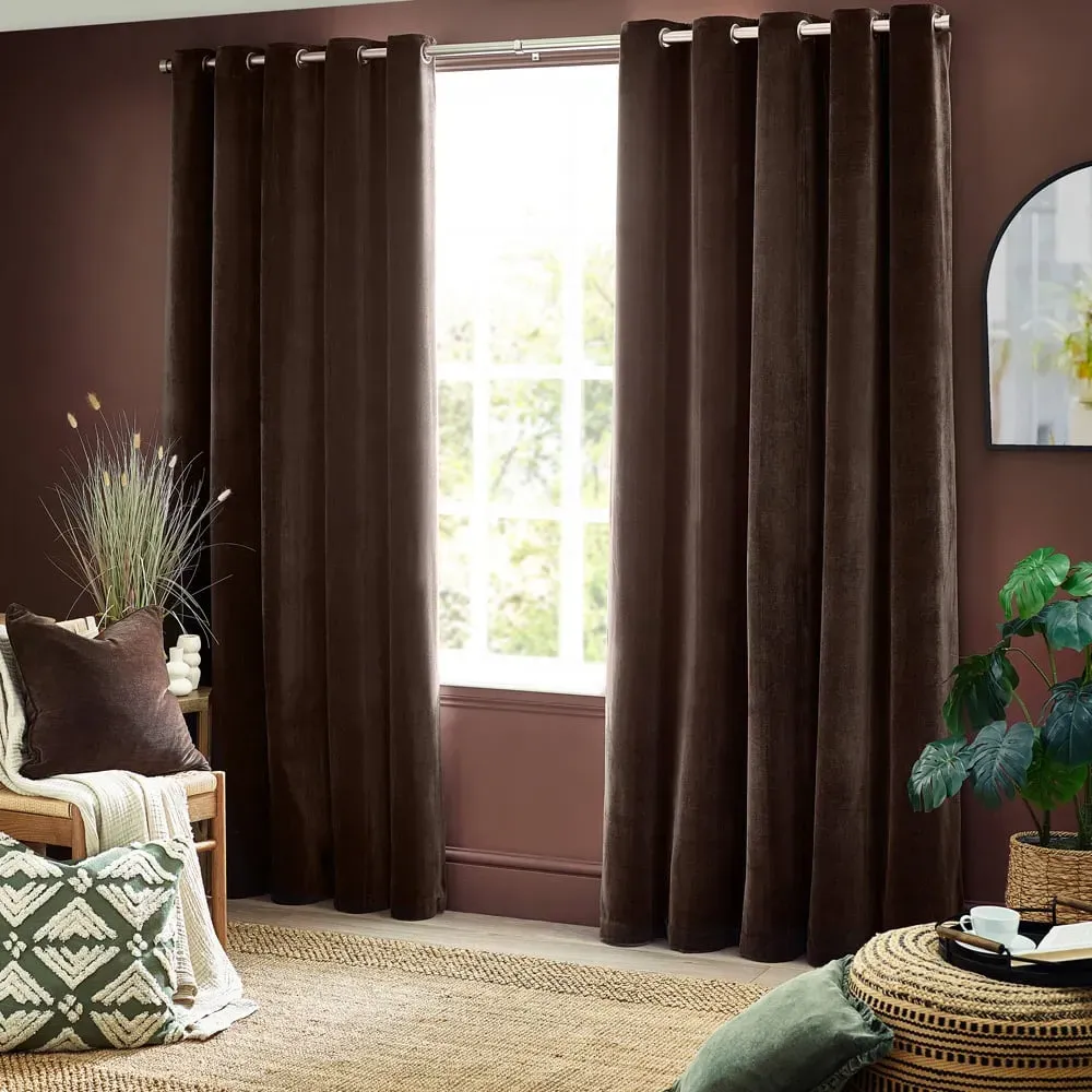 Heavy Chenille Velvet Eyelet Curtain - Brown image