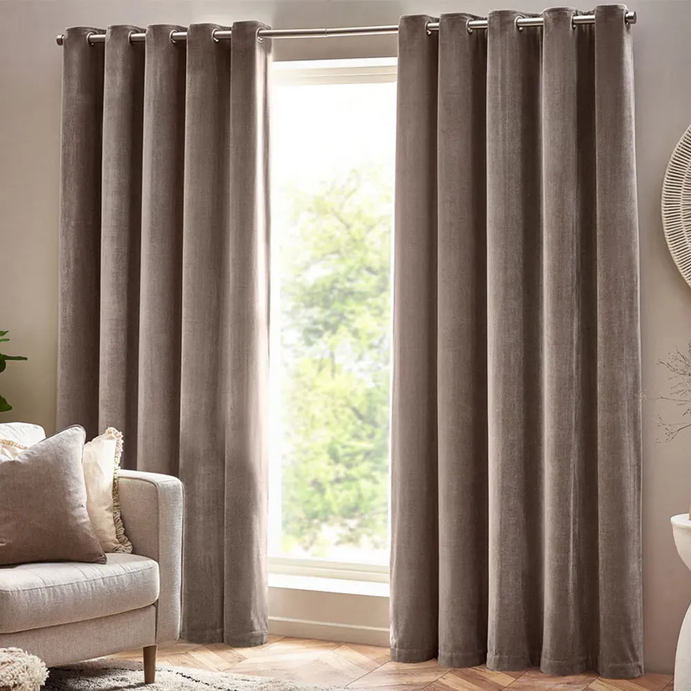 Heavy Chenille Velvet Eyelet Curtain - Greige