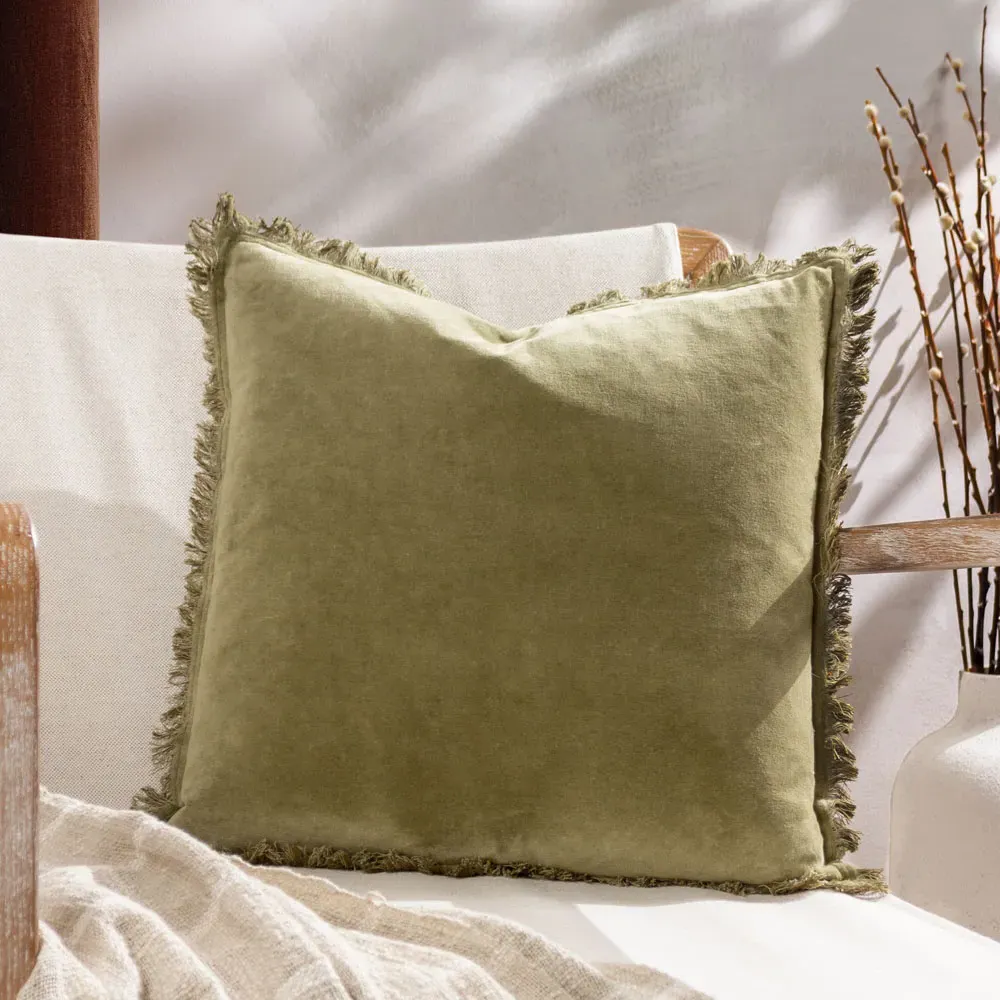 Jaye Fringed Cushion - Moss, Cotton Velvet