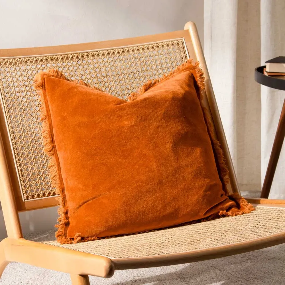 Jaye Fringed Cushion - Rust, Cotton Velvet