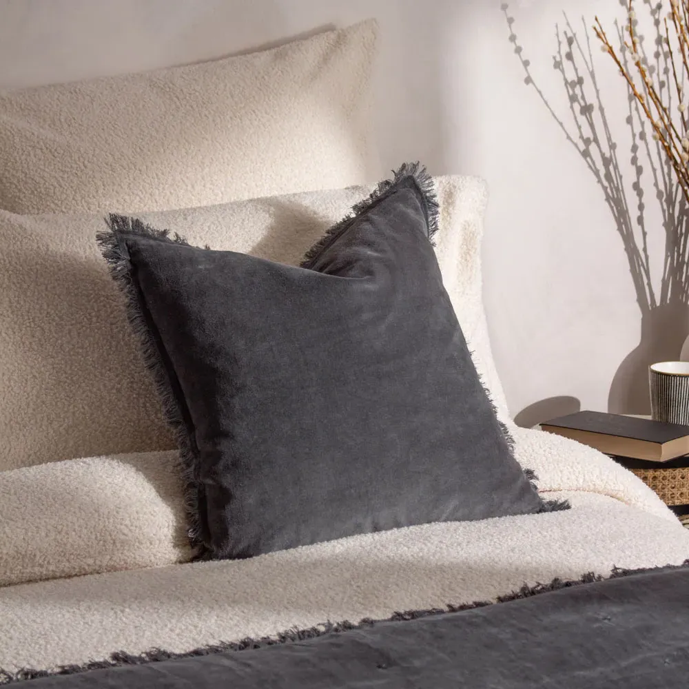 Jaye Fringed Cushion - Slate, Cotton Velvet