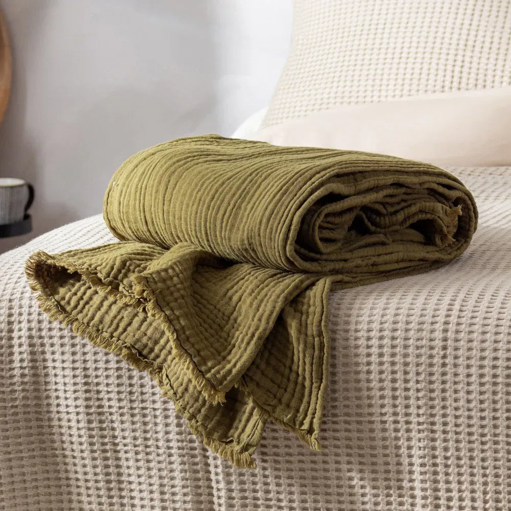 Lark Muslin Cotton Throw - Khaki Green