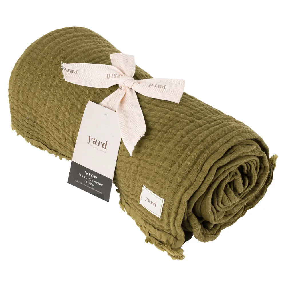 Lark Muslin Cotton Throw - Khaki Green