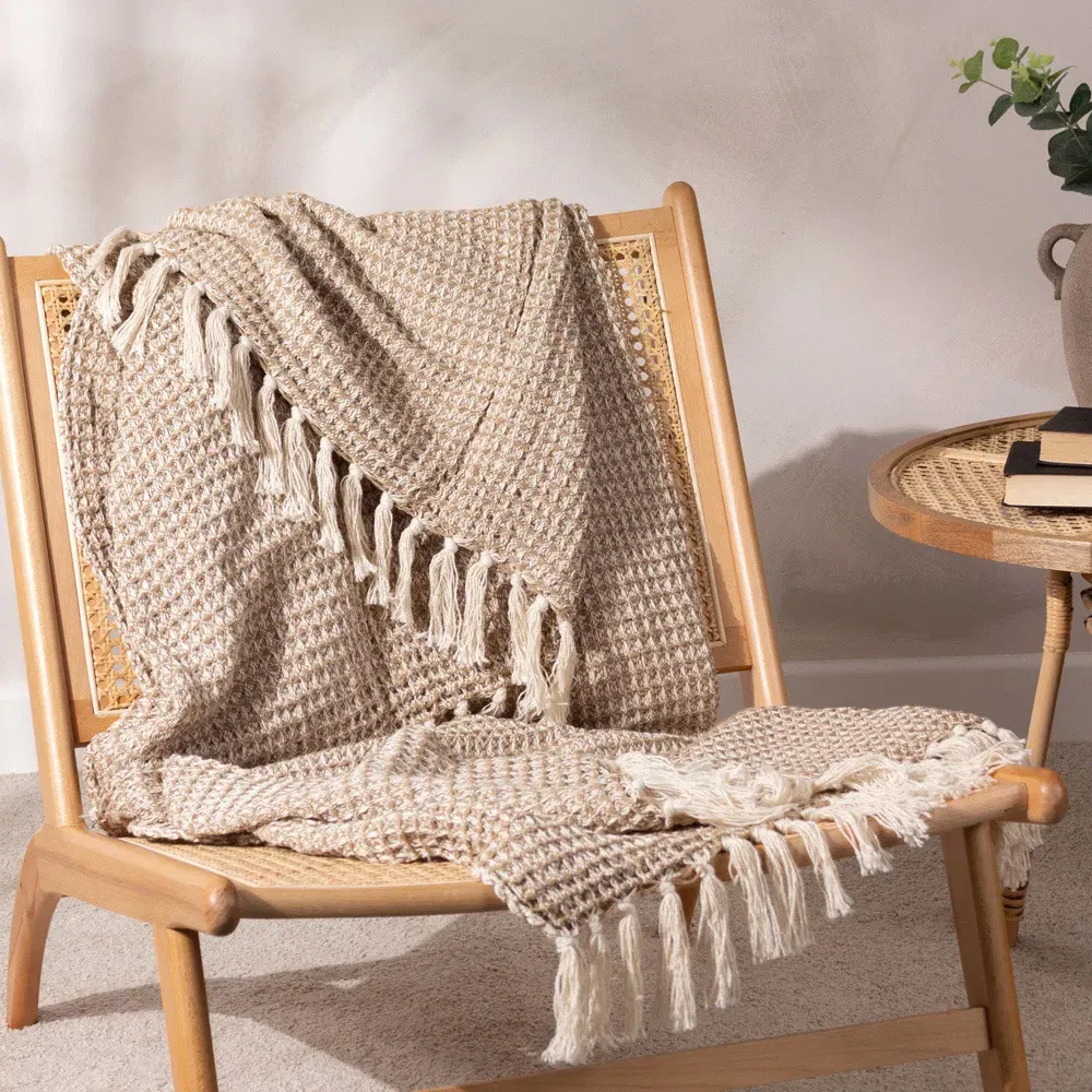 Lorne Waffle Fringed Throw - Biscuit, Cotton
