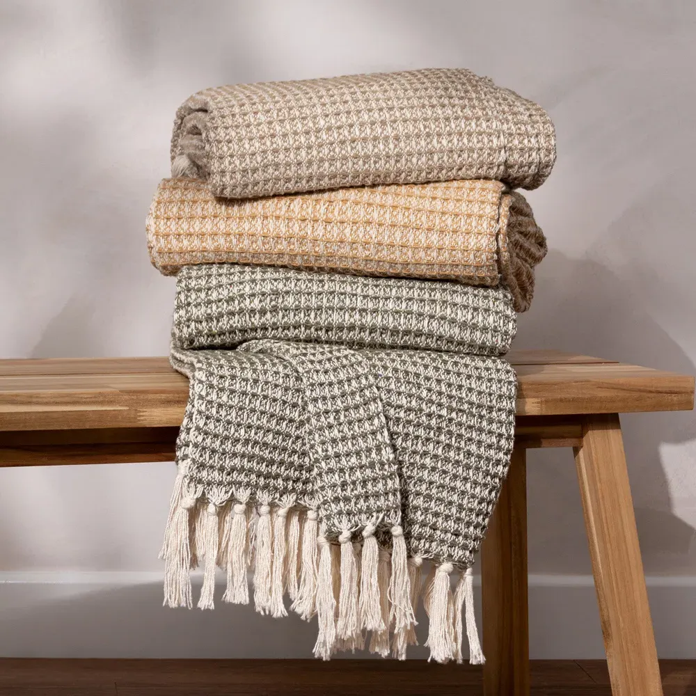 Lorne Waffle Fringed Throw - Biscuit, Cotton