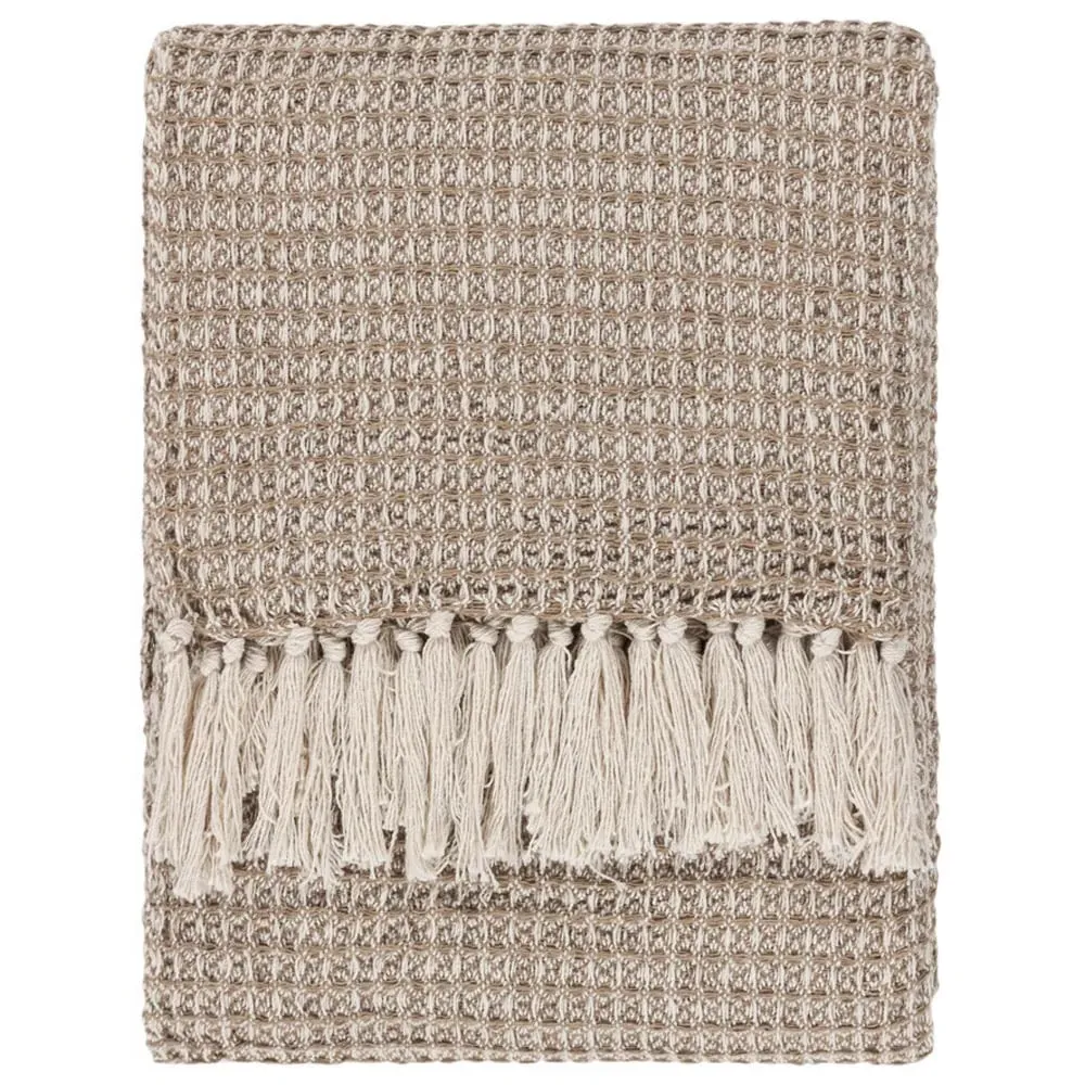 Lorne Waffle Fringed Throw - Biscuit, Cotton