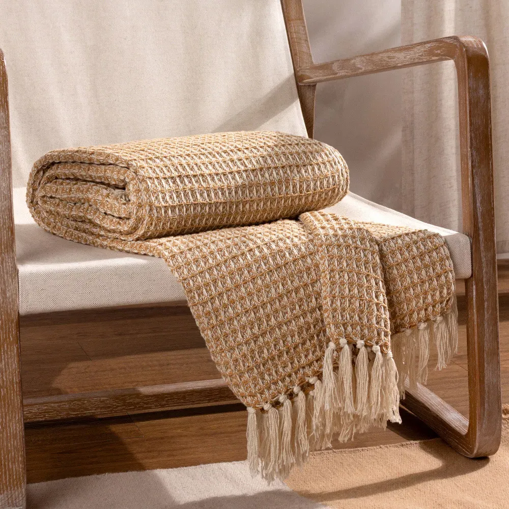 Lorne Waffle Fringed Throw - Honey, Cotton