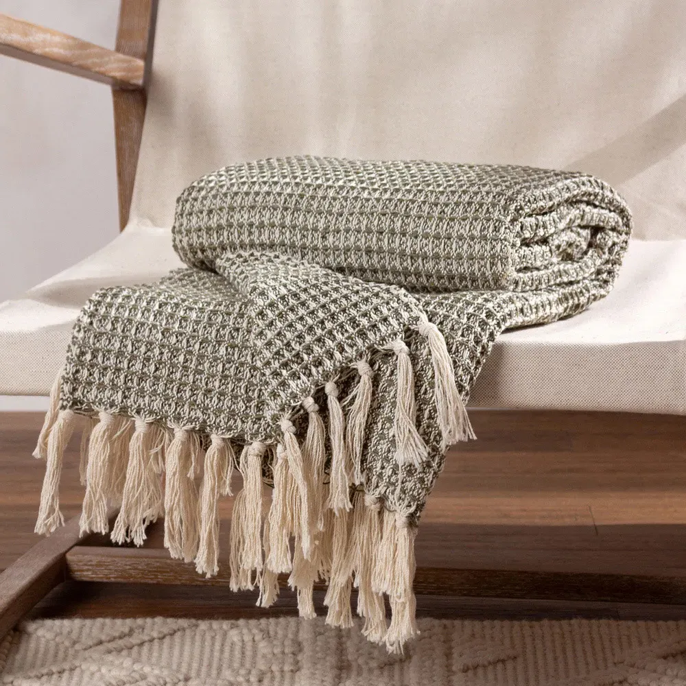 Lorne Waffle Fringed Throw - Lichen, Cotton