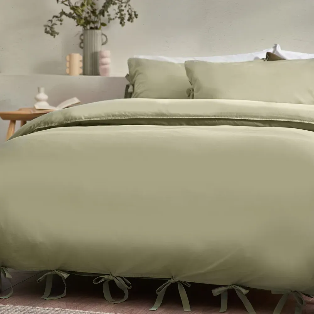 Mallow Bow Tie Double Duvet Set - Green, Cotton