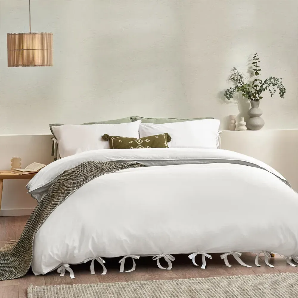 Mallow Bow Tie Super King Size Duvet Set - White, Cotton
