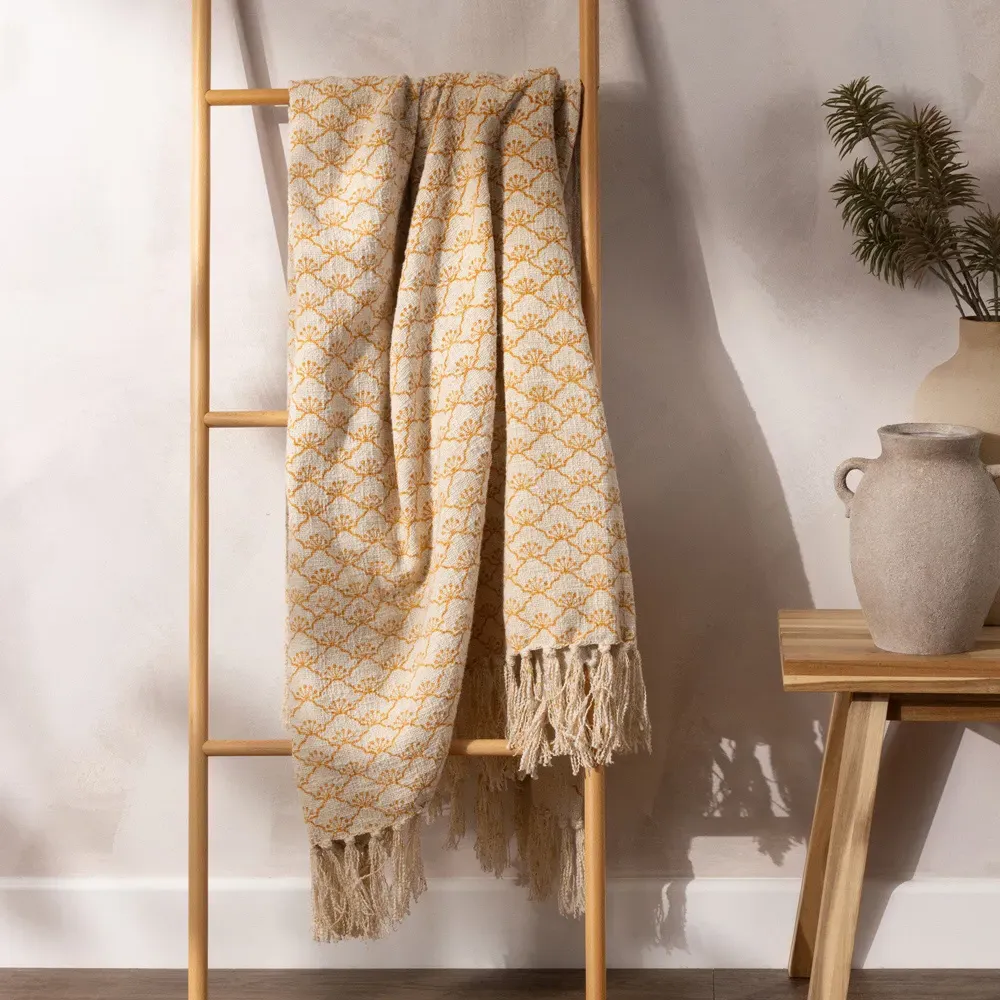 Saku Honey Blossom Fringed Throw - Yellow, Cotton
