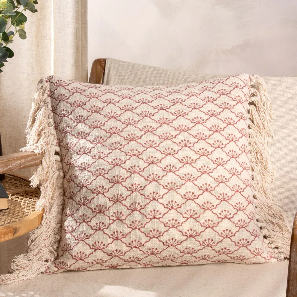 Saku Kilm Fringed Cushion - Red Blossom, Cotton
