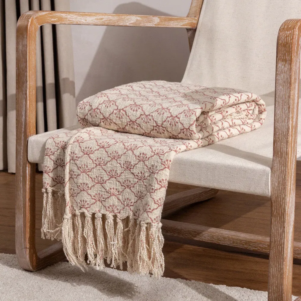 Saku Kilm Red Blossom Fringed Throw - Red, Cotton