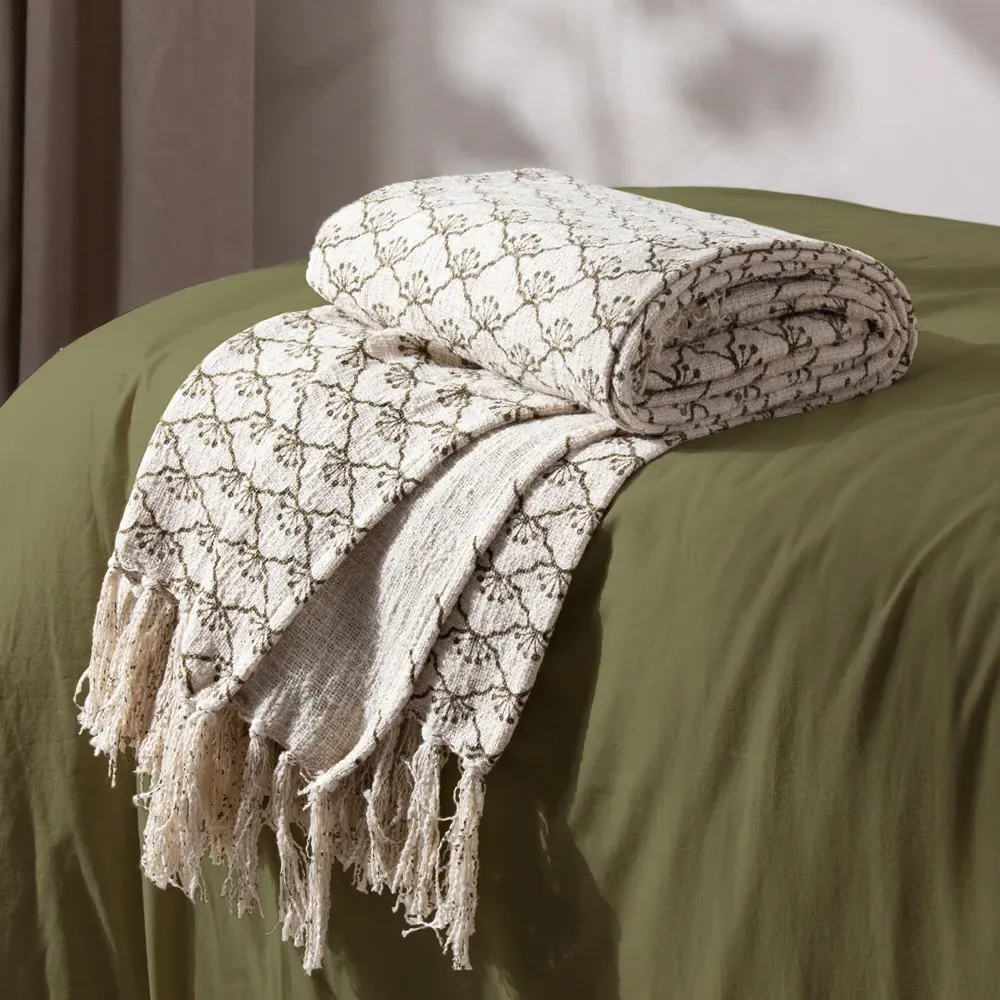Saku Olive Green Blossom Fringed Throw - Green, Cotton