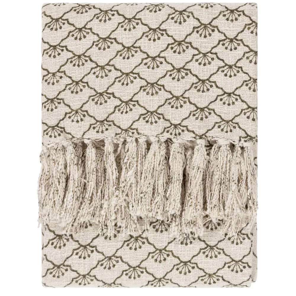 Saku Olive Green Blossom Fringed Throw - Green, Cotton