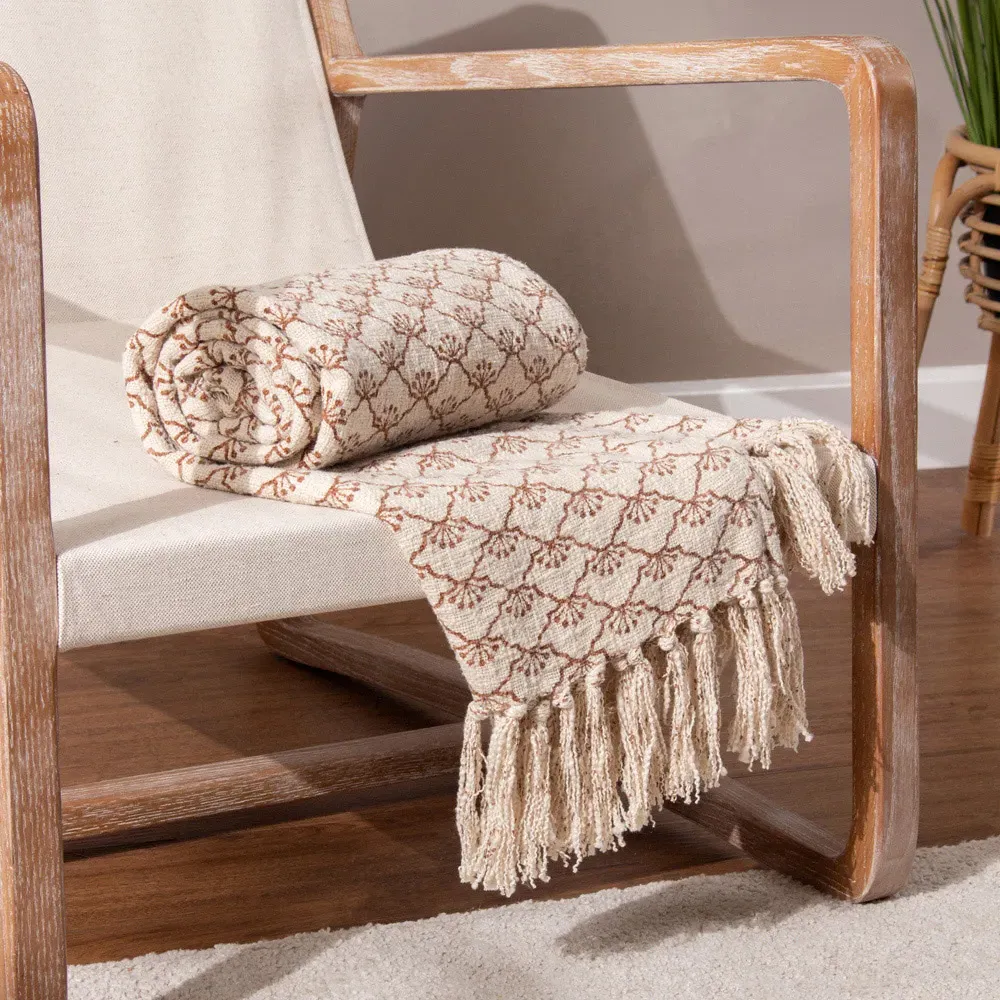 Saku Pecan Blossom Fringed Throw - Brown, Cotton