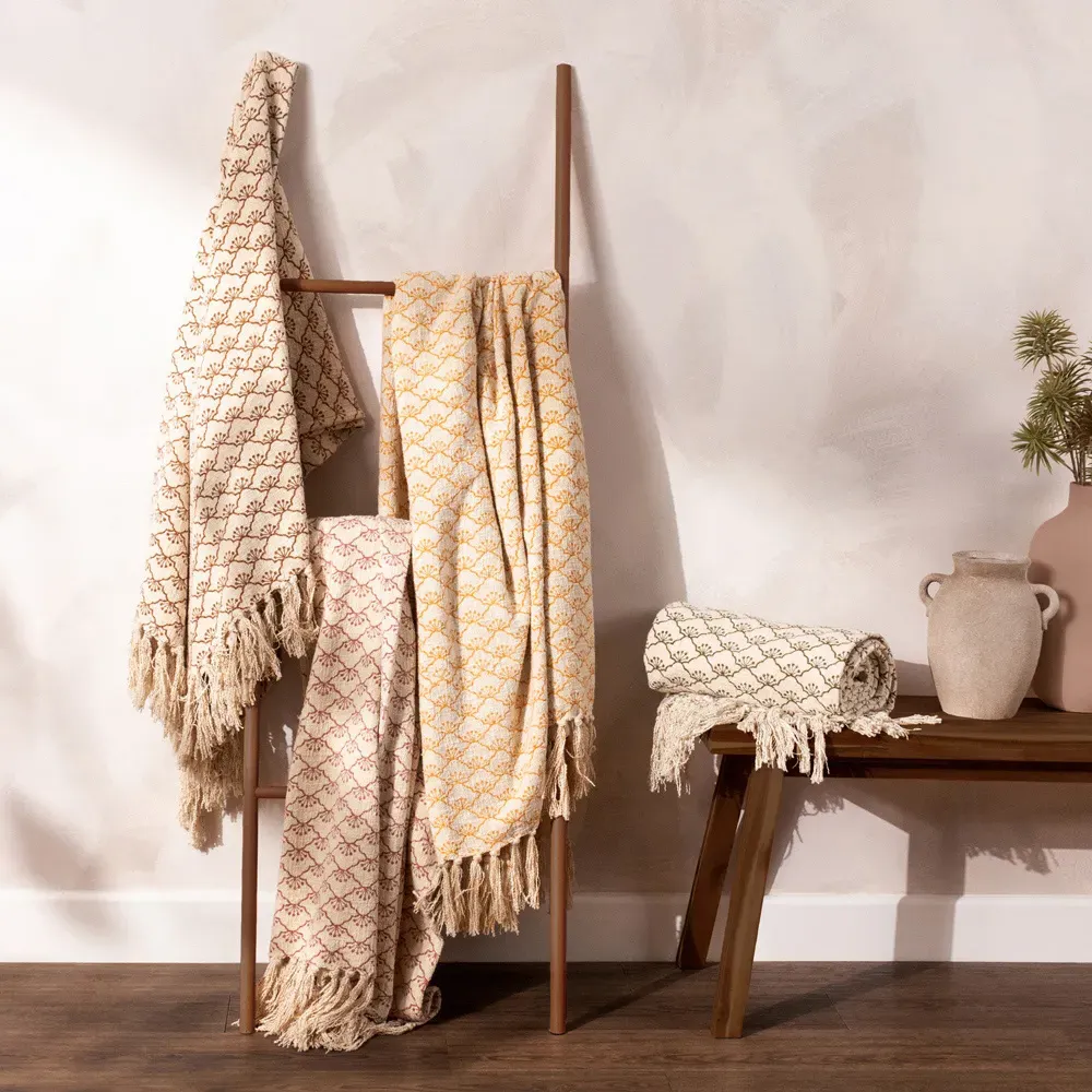 Saku Pecan Blossom Fringed Throw - Brown, Cotton