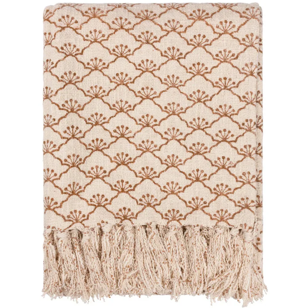 Saku Pecan Blossom Fringed Throw - Brown, Cotton