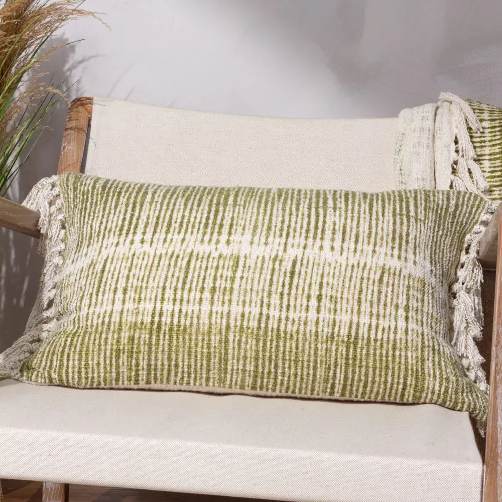 Sono Abstract Fringed Cushion - Olive Green, Cotton