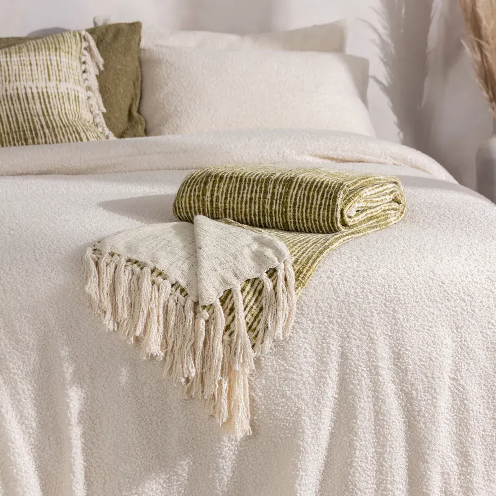 Sono Abstract Throw with Tassels - Olive Green, Cotton
