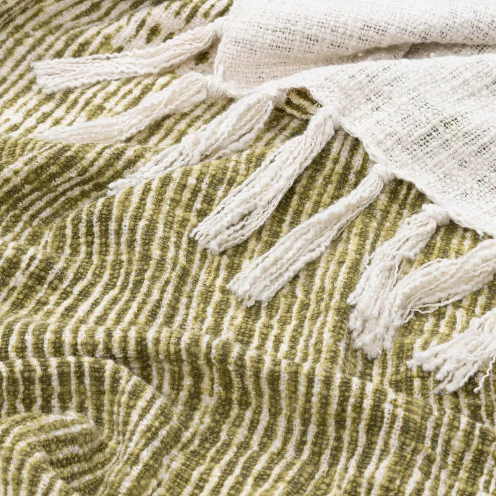 Sono Abstract Throw with Tassels - Olive Green, Cotton