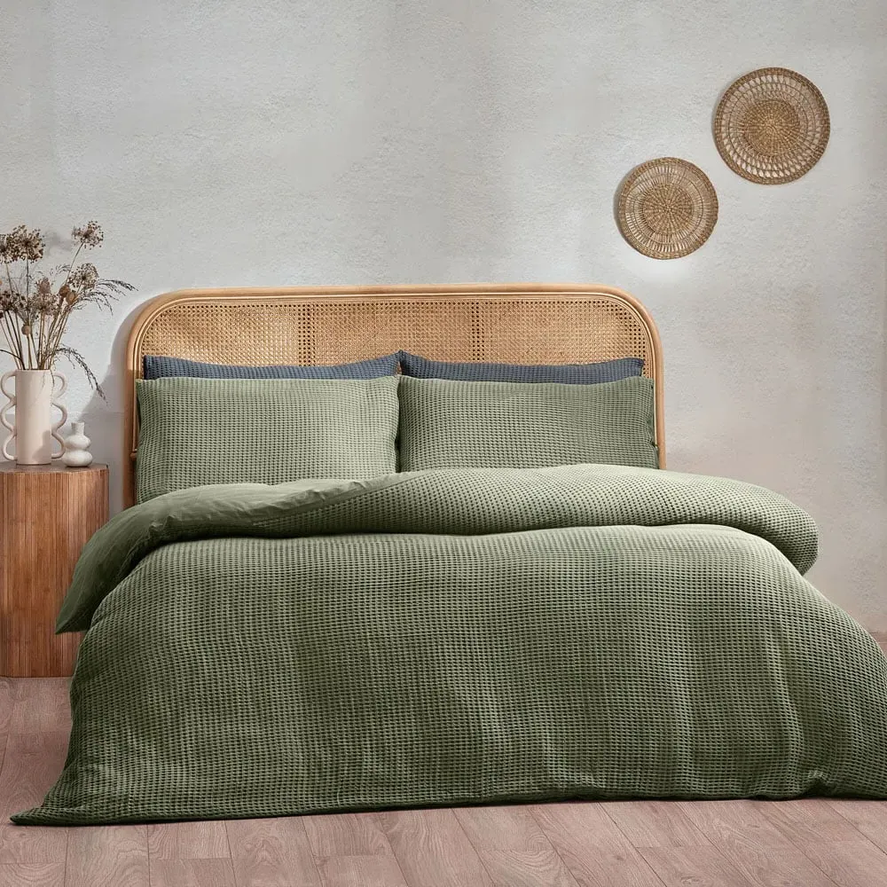 Super King Chunky Waffle Duvet Set - Eucalyptus, Cotton
