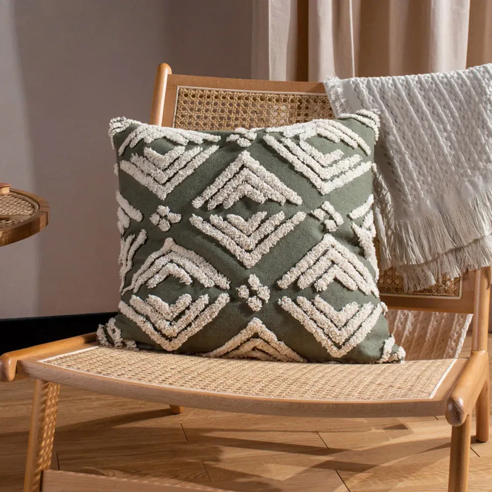 Taya Square Tufted Cushion - Sage, Cotton