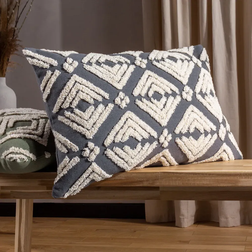 Taya Tufted Cushion - Grey, Cotton