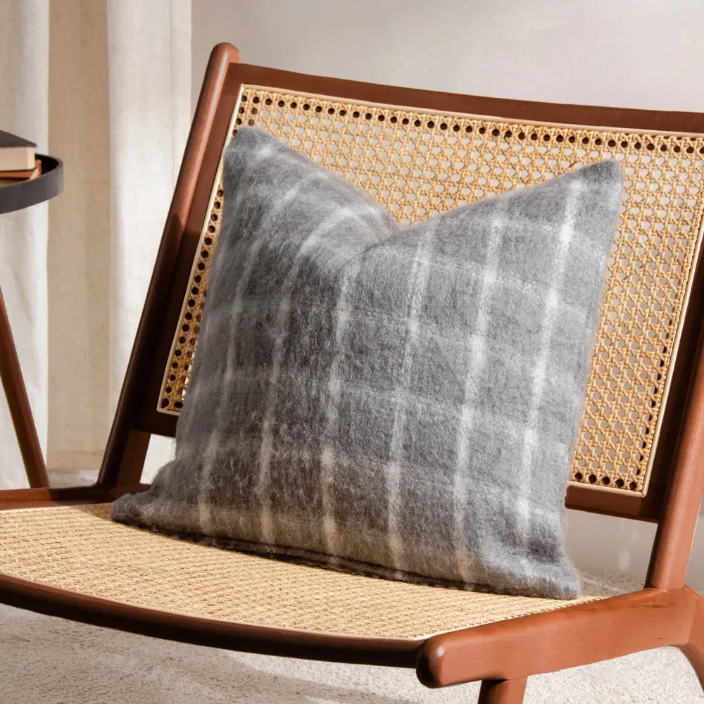 Yarrow Check Cushion - Flint Grey, Faux Mohair