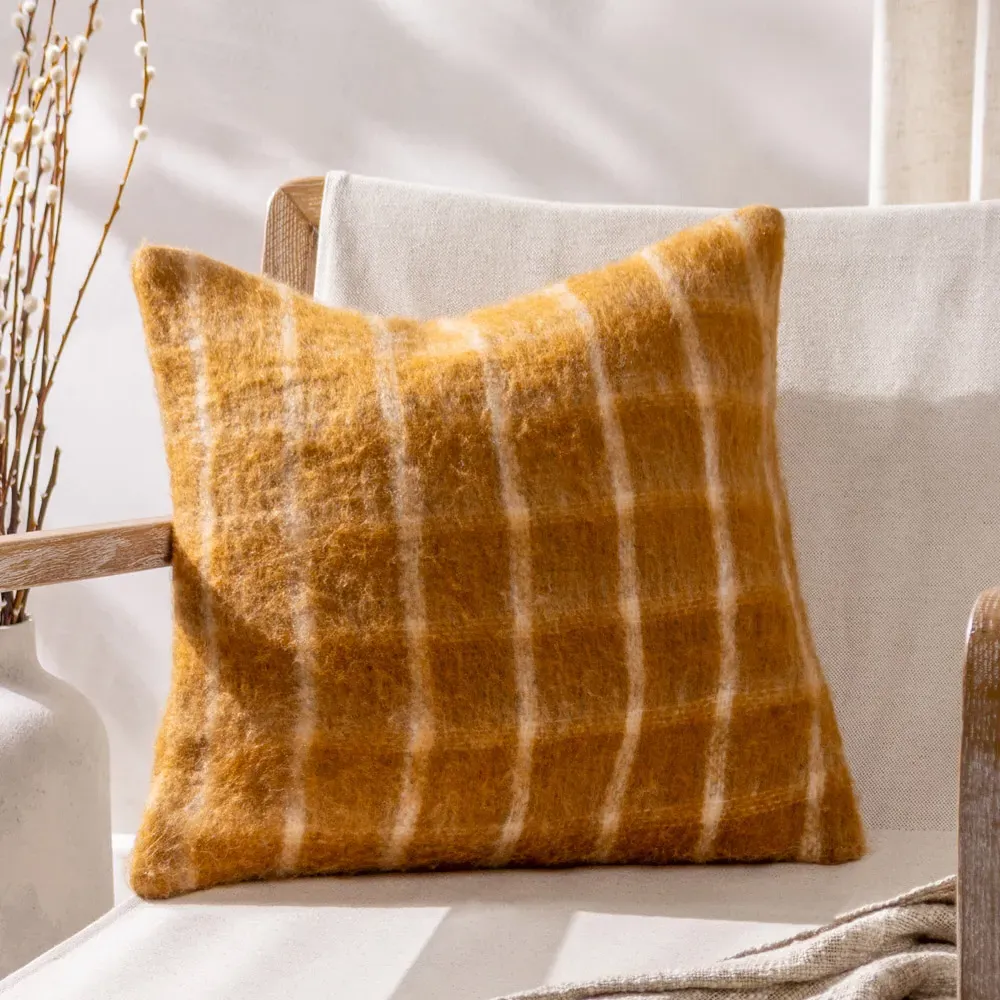 Yarrow Check Cushion - Ginger, Faux Mohair