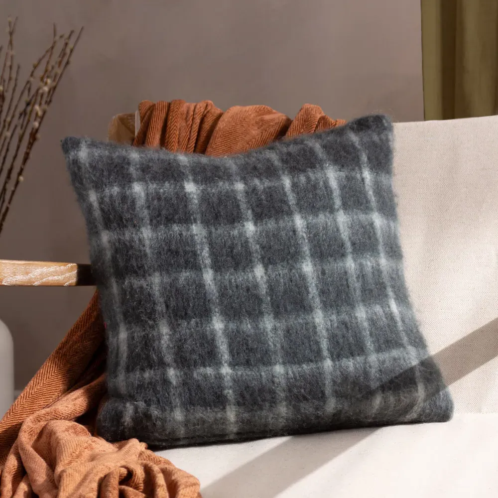 Yarrow Check Cushion - Storm Grey, Faux Mohair