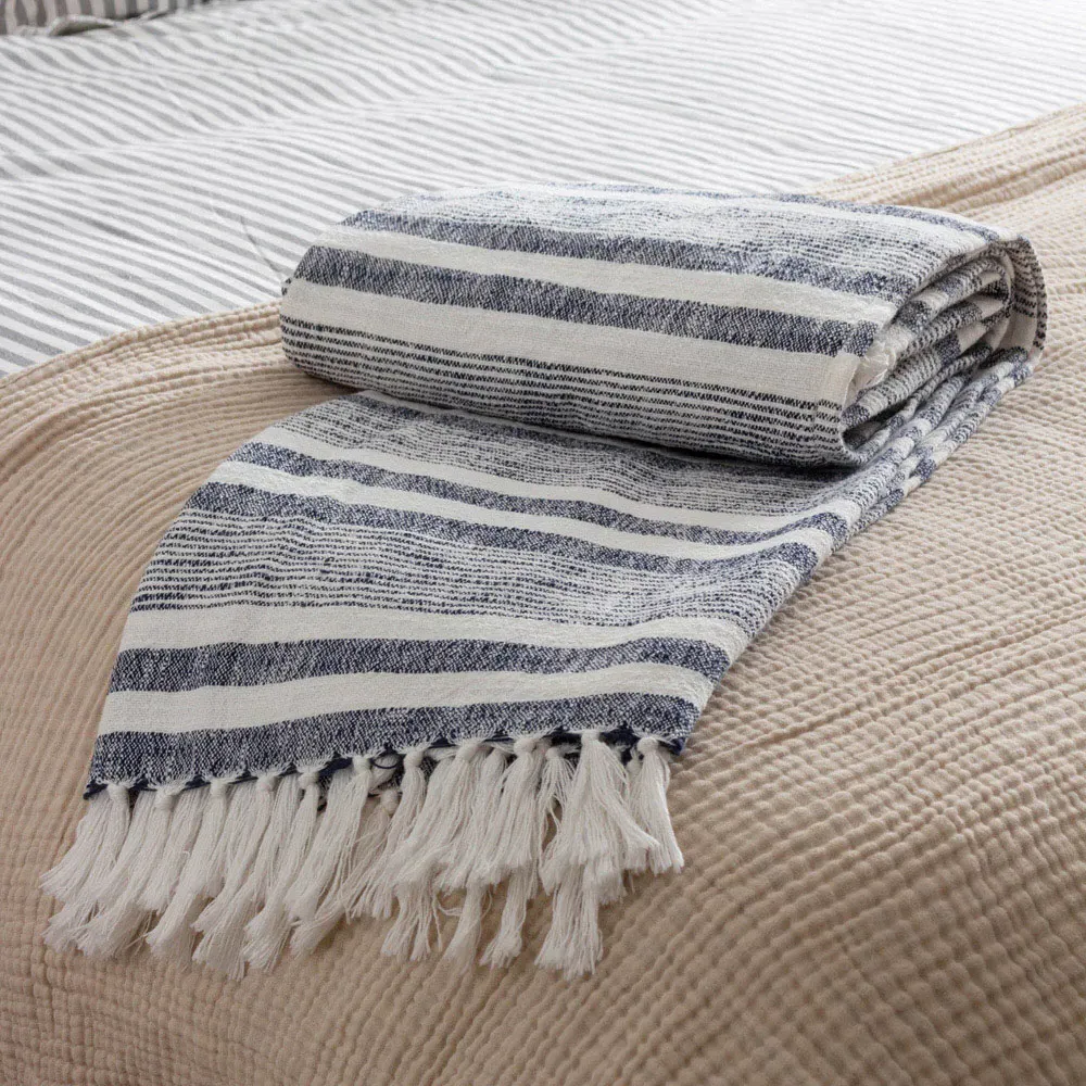 Neela Navy Stripe Fringed Throw - Multi