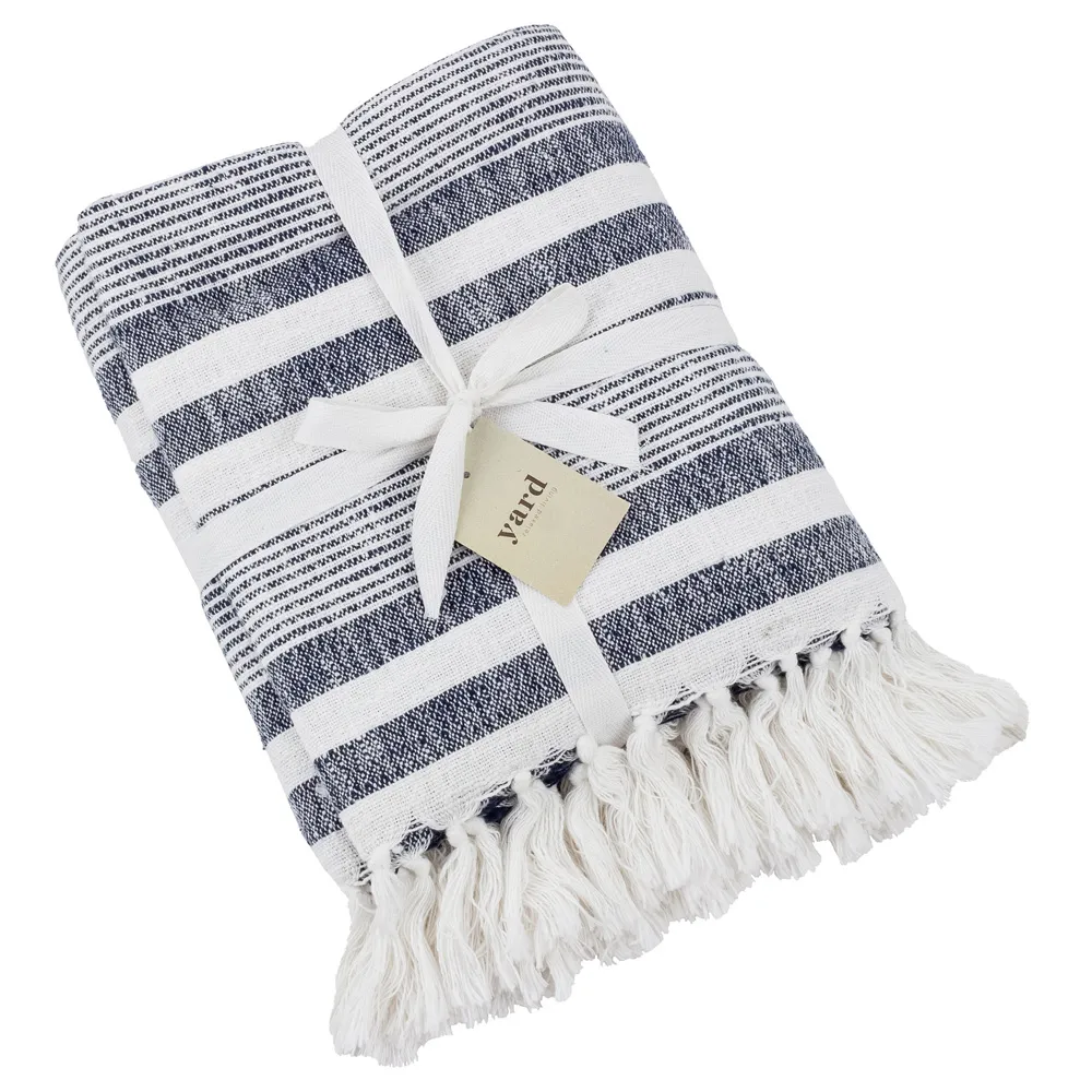 Neela Navy Stripe Fringed Throw - Multi