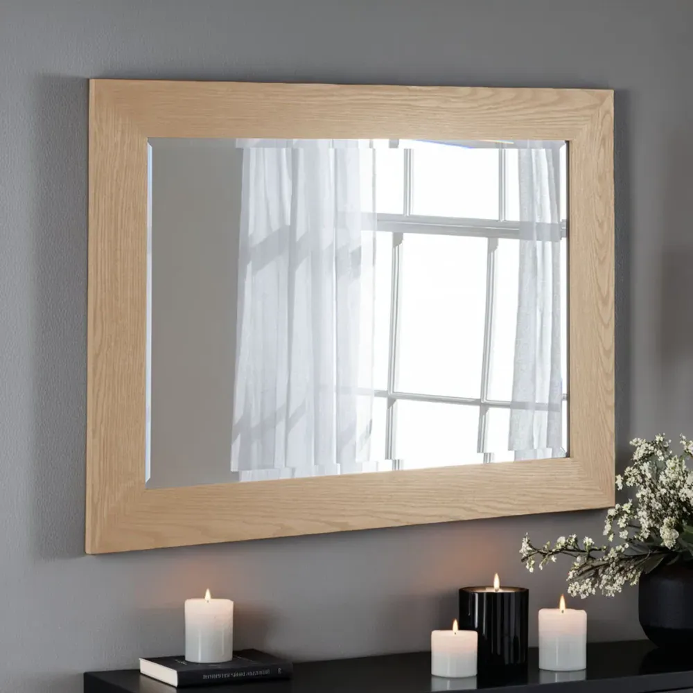 Bevelled Oak Effect Framed Wall Mirror - Brown