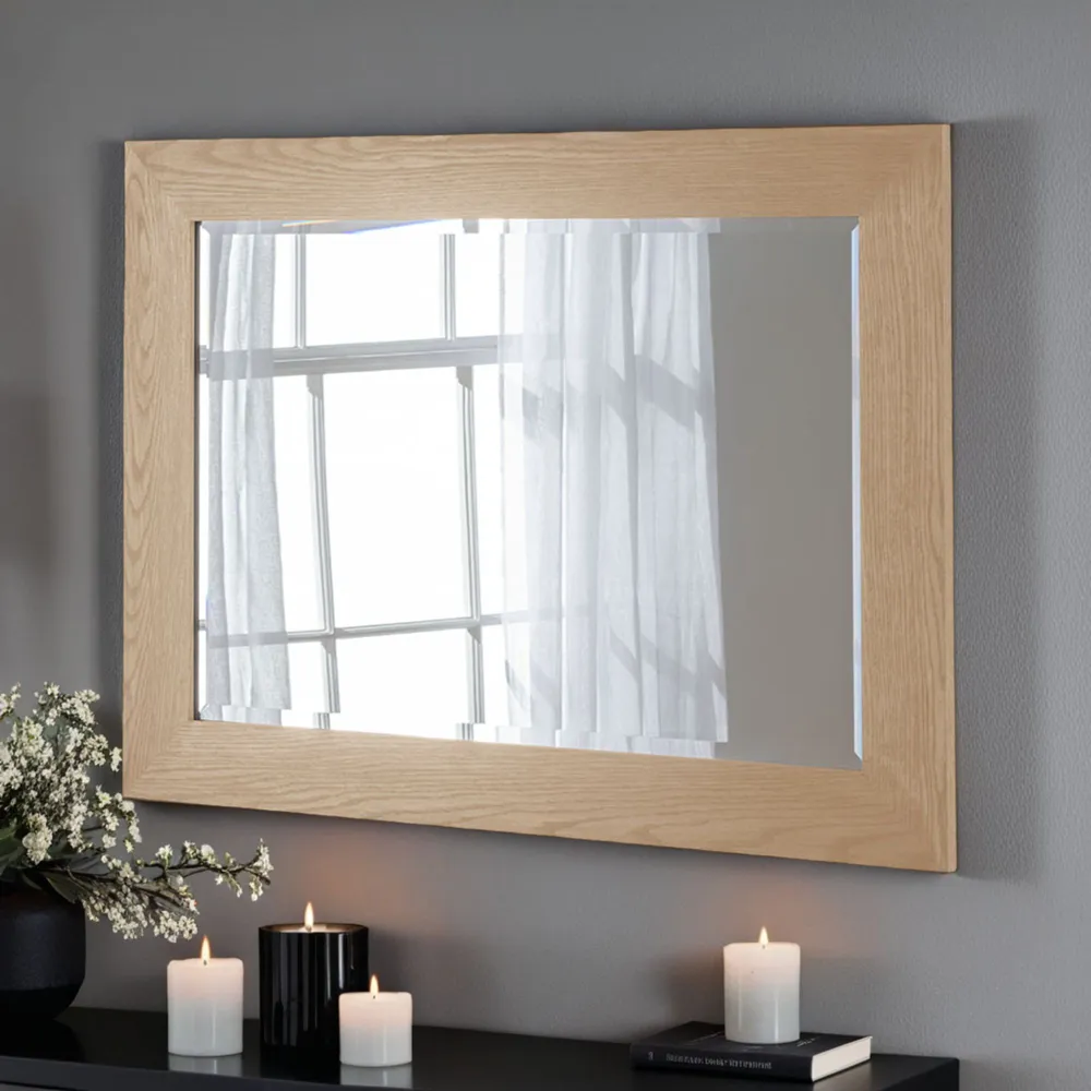 Bevelled Oak Effect Framed Wall Mirror - Brown